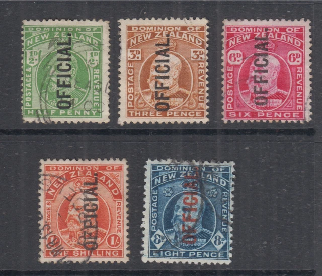 New Zealand 1909 ½d-1/- Ed 7th **OFFICIAL**  set ovpts- FU (5)