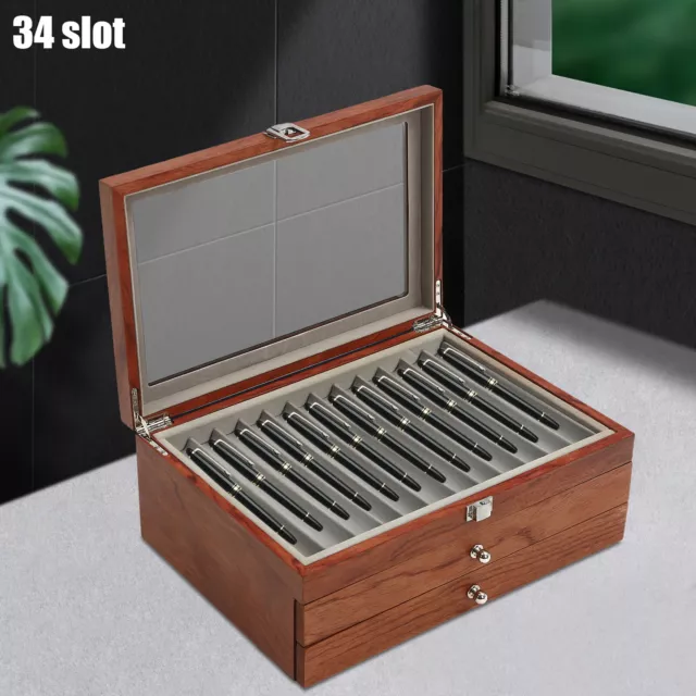 34 Slots Walnut Wood Fountain Pen Display Case & Transparent Acrylic Top Lid