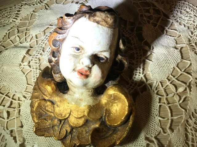 Antique Italian Carved Wood Polychrome Putti / Cherub /Santos Wall Hanging Flat