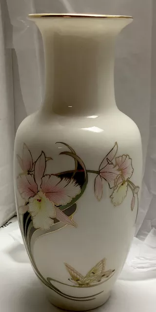 Vtg Japanese Pink Orchid Butterfly White Porcelain Flower Vase 10.5” Otagiri