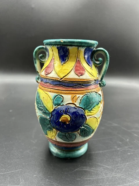 Vtg Italian Pottery Handled Vase Painted Flower MCM Mid Century 5”H *READ*