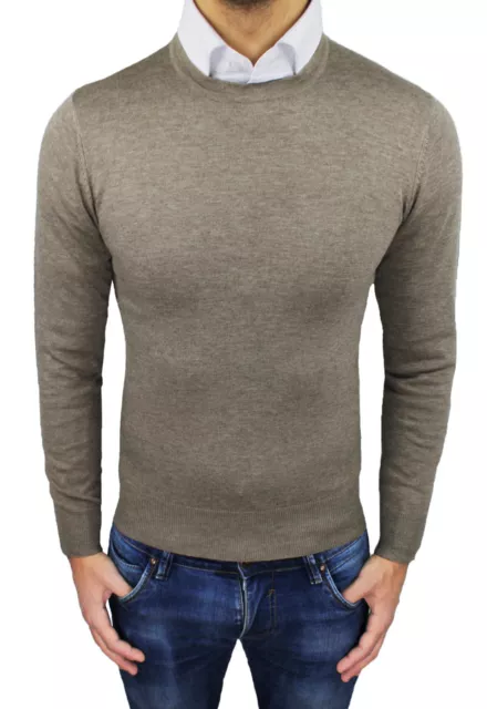 Maglioncino Pullover Uomo Beige Fango Slim Fit Invernale Maglione Girocollo