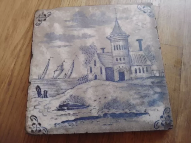 Ancien Carreau Carrelage Faience de Delft - MAGNIFIQUE décor paysage fond mer