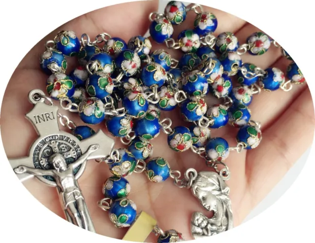Blue Cloisonne Rose Beads Rosary Bead & Italy Cross Crucifix Catholic Necklace