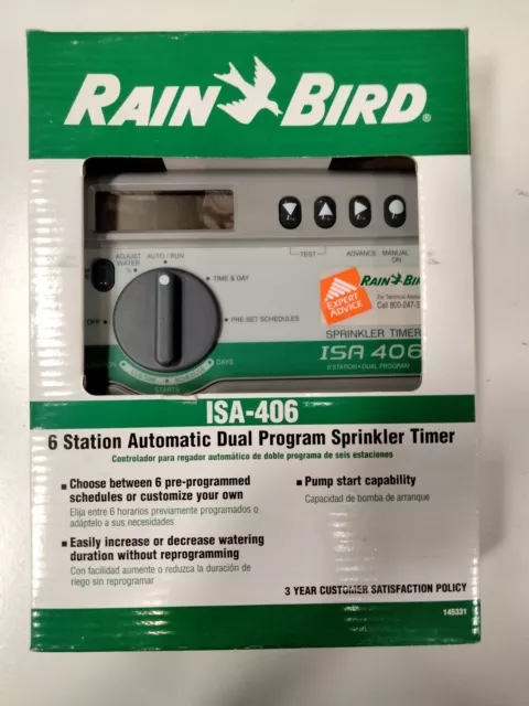 Rain Bird ISA-406 6 Station auto Dual Programable Sprinkler Timer NEW IN THE BOX