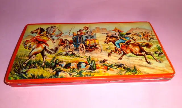 RARE! TIN LITHO WATER COLOR CASE BOX w/ INDIANS & COWBOYS GERMANY 1960's