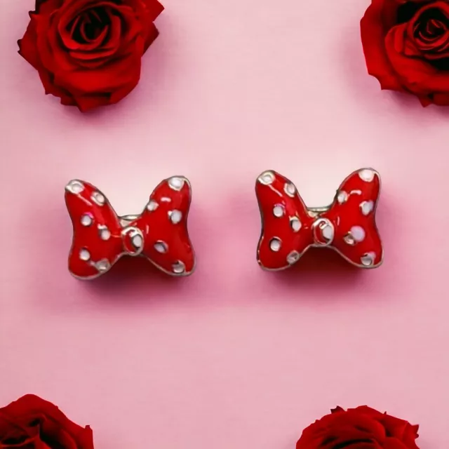 Kids Stud Earrings Red Polka Dot Bow Shaped Minnie Mouse Disney Fans Jewelry New