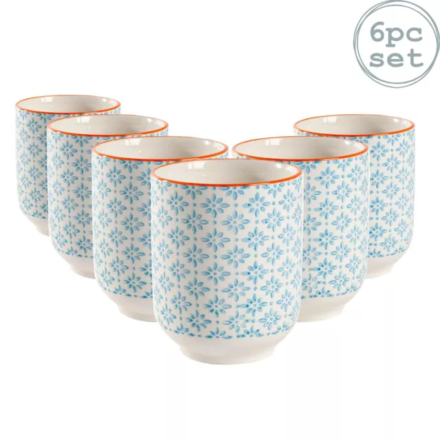 Set of 6 Hand Printed Porcelain Mugs Tea Coffee Cups No Handles 280ml Blue