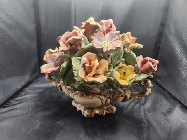 Capodimonte italian porcelain Gold bowl Flowers In Basket vintage Beautiful