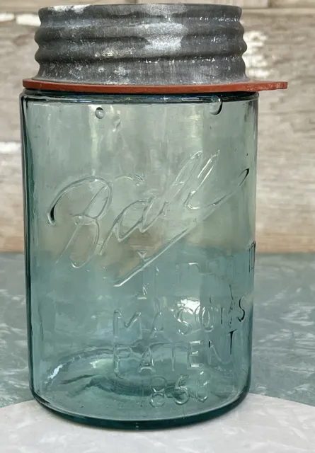 Antique Ball IMPROVED MASONS PATENT 1858 Fruit Jar Zinc Lid PT Aqua