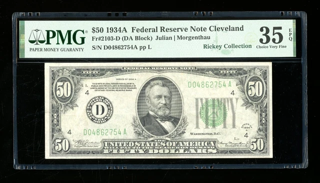 DBR 1934-A $50 FRN Cleveland Fr. 2103-D PMG 35 EPQ Serial D04862754A