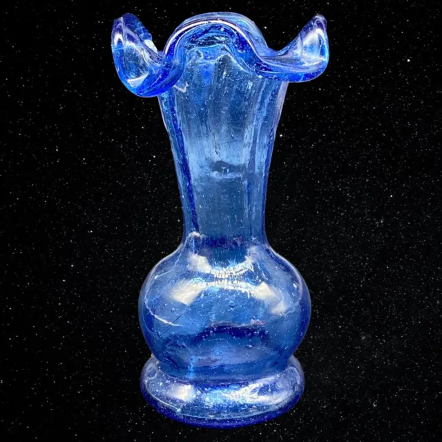 Vintage Hand Blown Art Glass Ruffled Top Bud Vase Cobalt Blue 4”T 2.25”W 2