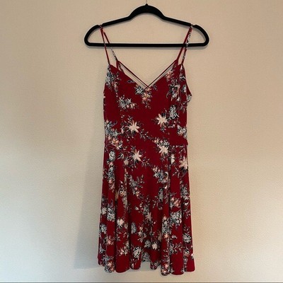 Fortune & ivy floral strappy maroon knee length skater dress sz.L