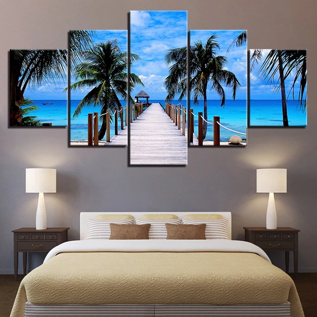 Blue Ocean Palm Beach Seascape 5 PCs canvas Printed Picture Home decor Wall art