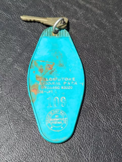 Vintage Yellowstone Park Teal Plastic Hotel Fob With Key