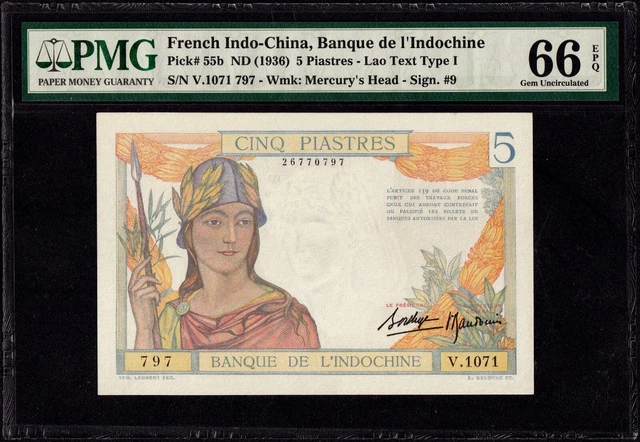French Indochina 5 piastres 1936 GEM UNC PMG 66EPQ Pick 55b