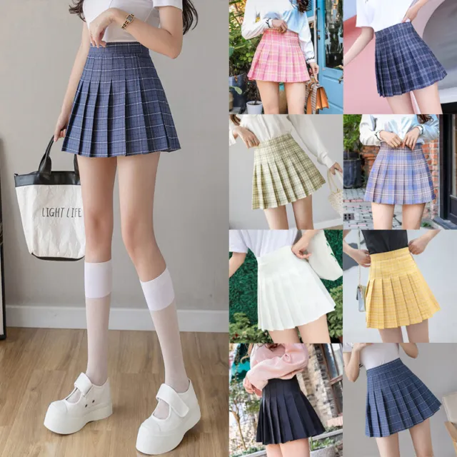 Women's Schoolgirl High Waist Skater Mini Skirt Flared Pleated Short Skirt Dress