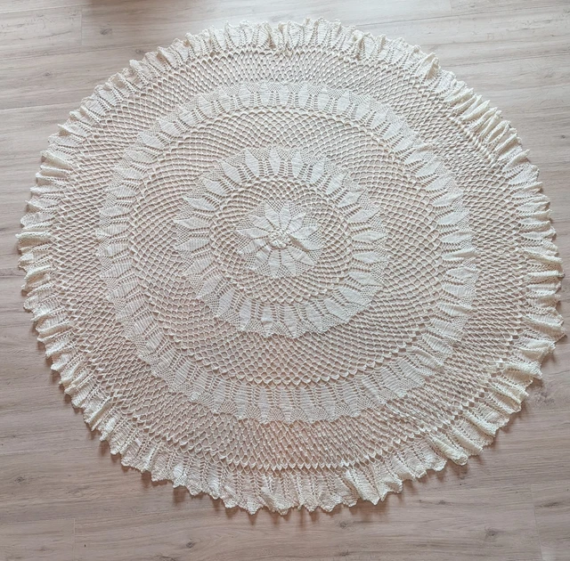 Grande Nappe Ovale Art Déco Au Crochet - Fait Main, Coton Blanc Mat - 135x170 Cm