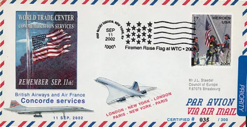 UWS12 FDC USA CONCORDE "1 year September 11 Attacks - WORLD TRADE CENTER" 2002