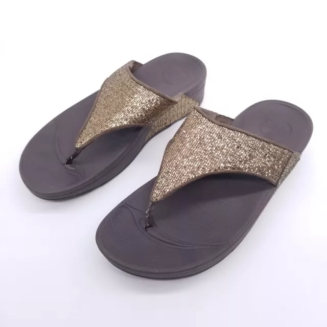 FitFlop Lulu Sandals Women's 7 Gold Wedge Thongs Flip-Flops Toe-Post Glitter
