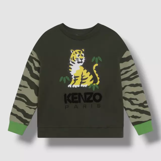 $184 Kenzo Kids Boys' Green Fleece Tiger Printed Long Sleeve Sweatshirt Size 2