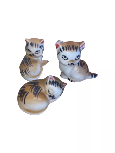 Vintage Set Of 3 Tabby Cat Ceramic JAPAN Figurines