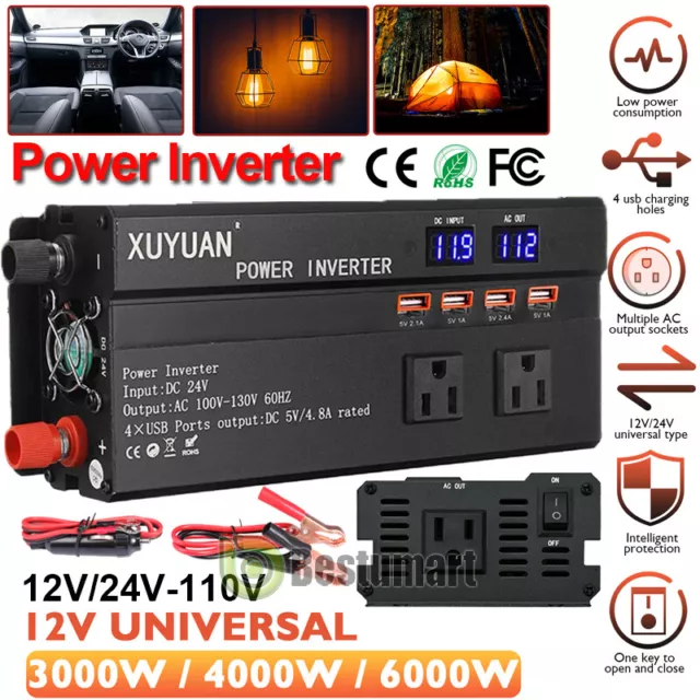 Car Power Inverter 6000W DC 12/24V to AC 110V Pure Sine Wave Solar Converter USB