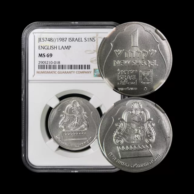 ISRAEL. 1987, 1 New Sheqel, Silver - NGC MS69 - Top Pop 🥇 English Menorah Lamp