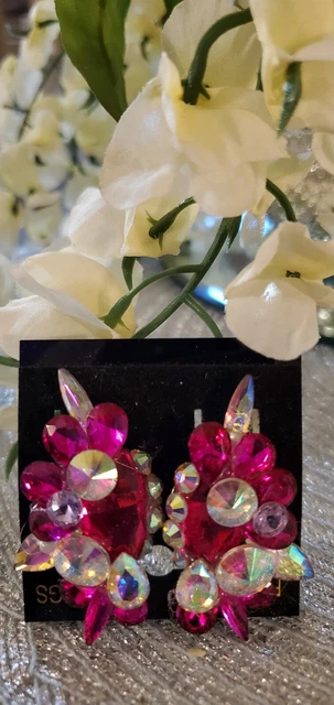 Ballroom Dance Jewelry Earrings  Fuchsia Crystal AB Clip on