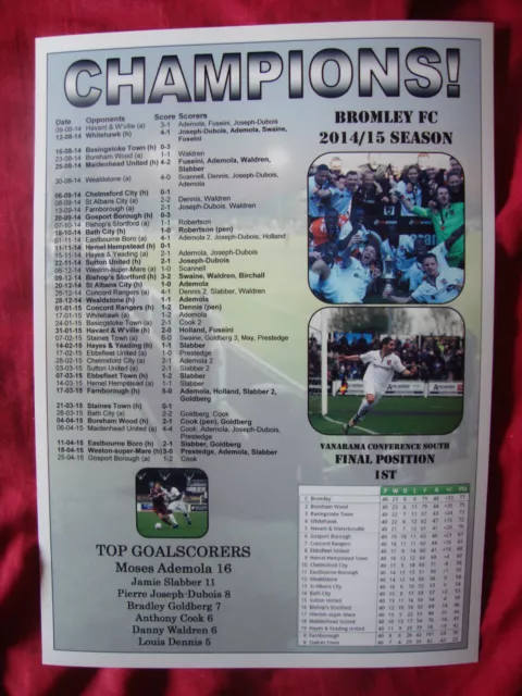 Bromley FC Vanarama Conference South champions 2015 - souvenir print