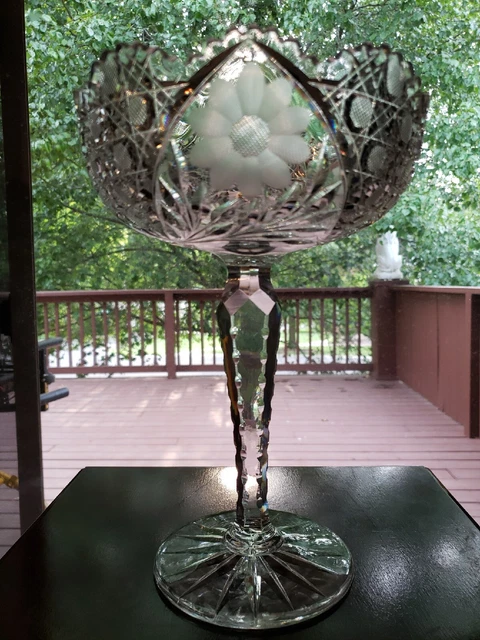 Huge 11" Compote American Brilliant Period Cut Glass Crystal Harvard Daisy Cane