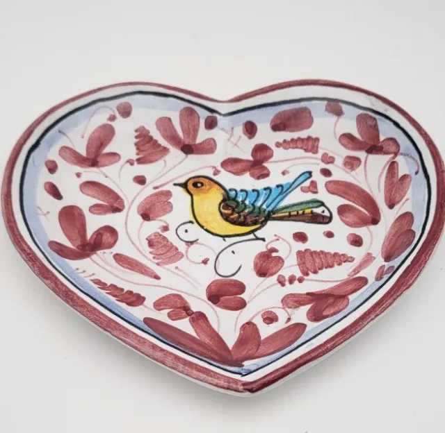 Hand Painted Italian Pottery Heart Shaped Dish With Bird By Sambuco Mario Deruta