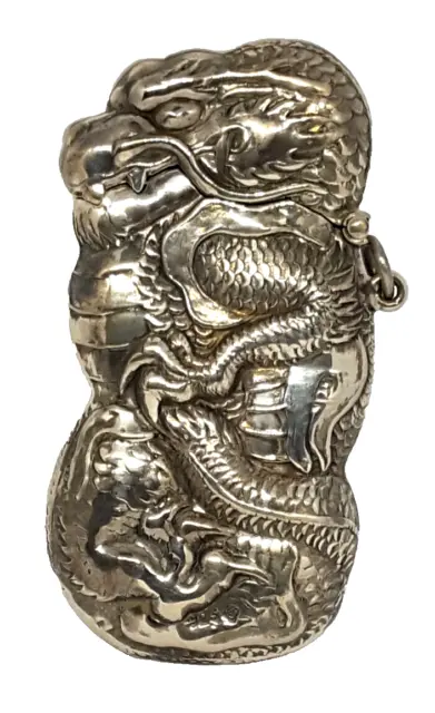 Antique Chinese Japanese Silver Dragon With Flaming Pearl Fire Ball Vesta Case