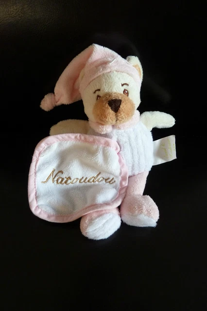 30 - DOUDOU  Eveil et tendresse NATOUDOU OURS AVEC MOUCHOIR  rose et blanc TTBE
