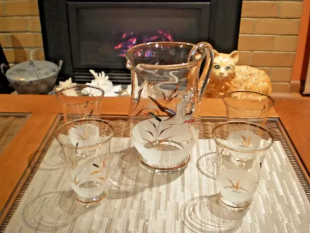 Vintage Glass Pitcher / Jug & 4 Glasses  With  Gold Reeds & Flying Ducks - Set