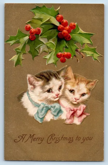 Christmas Postcard Kitten Cat Holly Berries Embossed Nash c1905 Unposted Antique