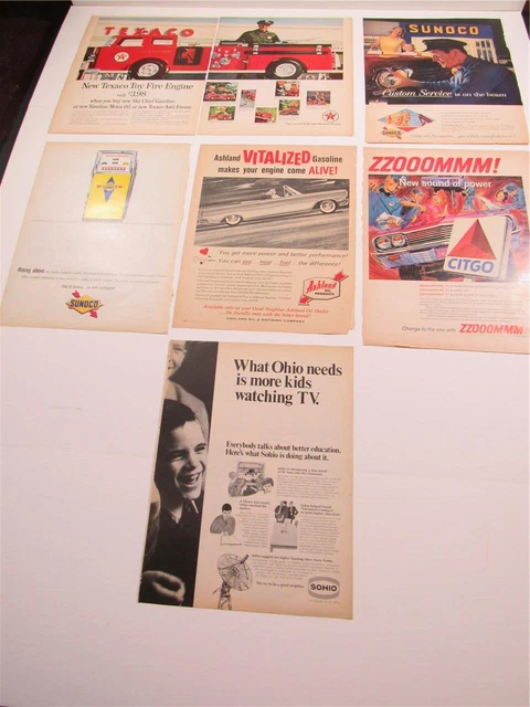 OLD ORIGINAL VINTAGE ANTIQUE~ 1960s MIXED GASOLINE & OIL TEXACO +~ PRINT ADs LOT