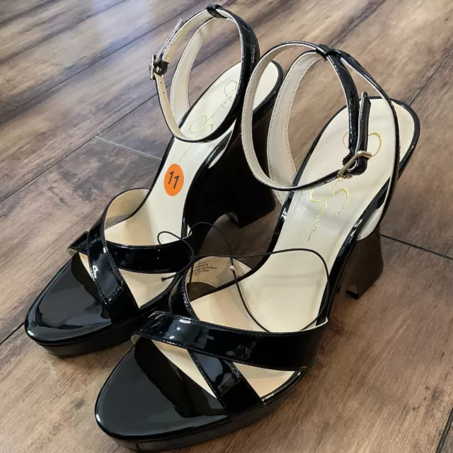 Jessica Simpson Glossy Black Platform Wedge 11 Dressy Strappy Sandal