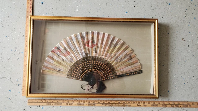 Vintage Japanese folding hand fan framed