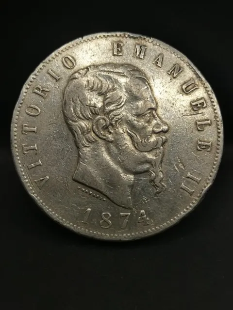 5 Lires Argent 1874 M Bn Victor Emmanuel Ii Italie / Italia Silver