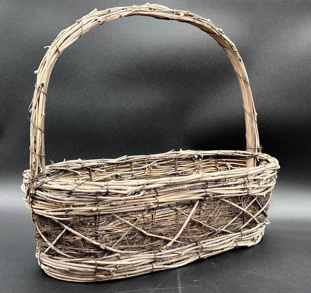 Vintage Rustic Woven Wood Stick Basket w Handle Country Farmhouse Large Oval 14"
