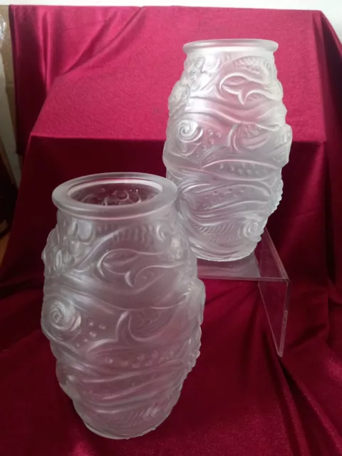 Pair Art Deco Frosted Satin Glass Vases Stylised Fish Czech Sabino French