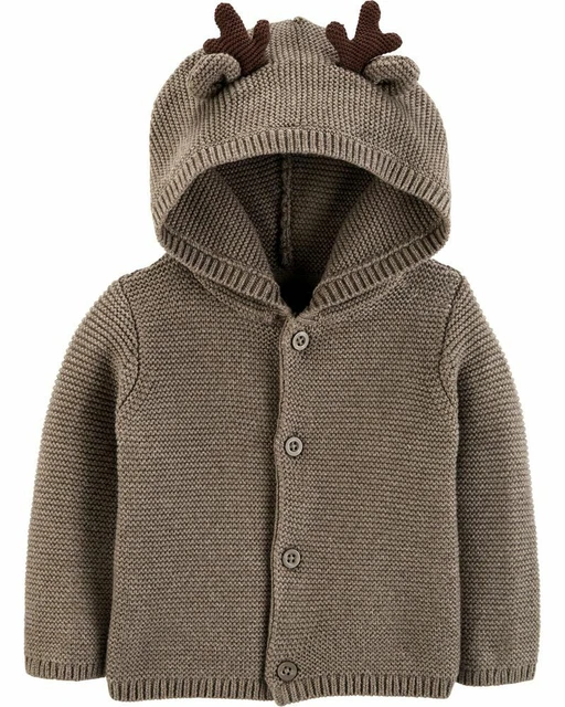 Carters Infant Boys/GIRL Brown Reindeer Hooded Cardigan Knit Hoodie Baby Sweater
