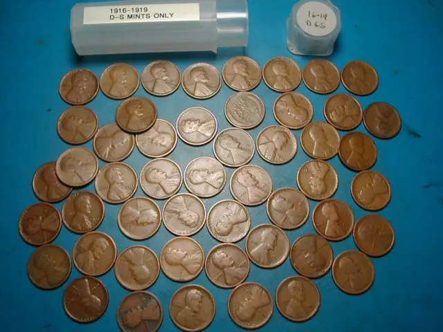 1916-D&S, 1917-D&S, 1918-D&S, 1919-D&S MIXED LINCOLN WHEAT CENT ROLL, 50 coins