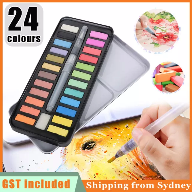 24 Solid Watercolor Paint Set Watercolour Pigments Art Paint Palette Brush Set