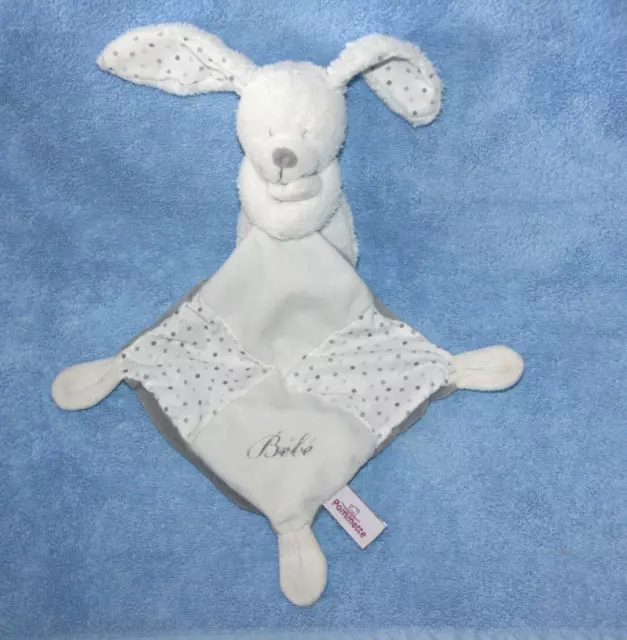 Pommette Doudou Lapin Blanc Mouchoir Blanc Gris Pois Bebe Tres Bon Etat