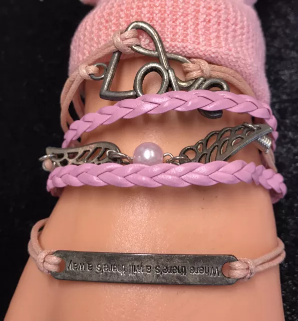 Fashion Leather Wrap Charm Bracelet Pink & Silver Infinity Love Winged Pearl