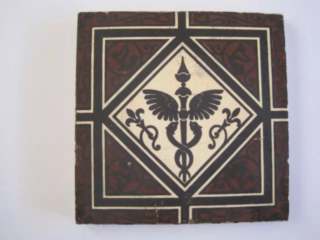 ANTIQUE 6" VICTORIAN MINTONS CADUCEUS DESIGN WALL TILE c1868-1900
