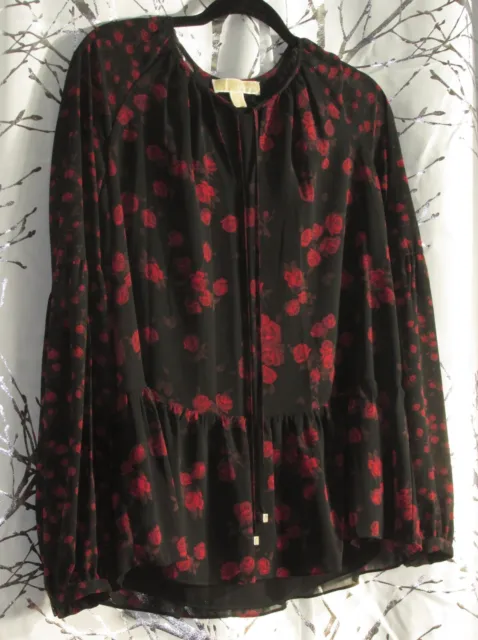Michael Kors Red Black Roses Peplum Blouse Tie Neck Size S Small Long Sleeves
