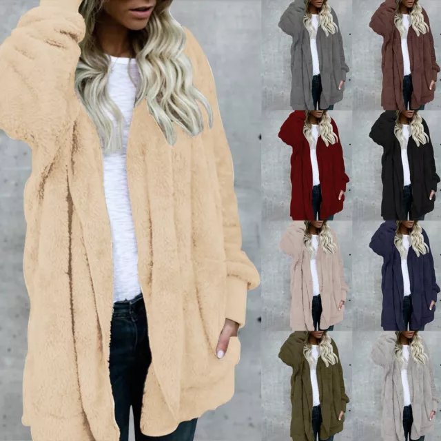 Womens Teddy Bear Fleece Fluffy Hooded Coat Ladies Solid Hoodies Jacket Outwear